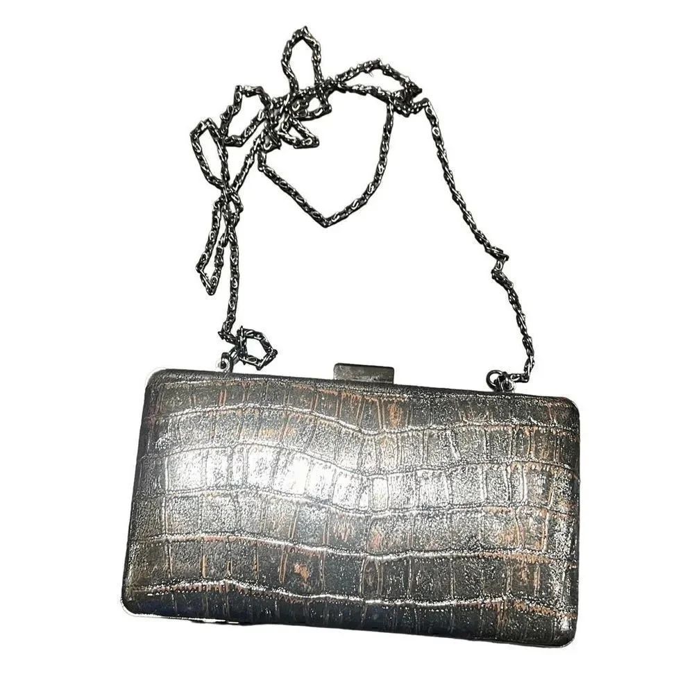 Kate Landry Silver Metallic Hard Clamshell Evening Bag, Crossbody Bag